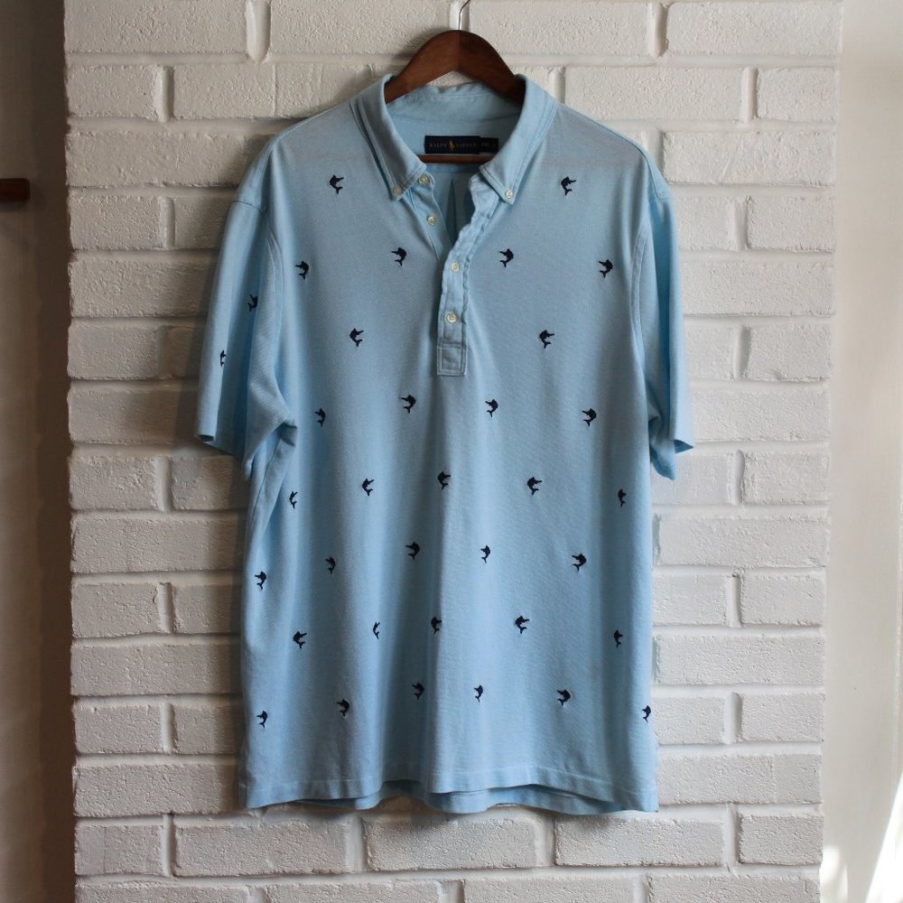 RALPH LAUREN Light Blue MARLIN Fish POLO Knit Oxford SHIRT XXL coastal beachy